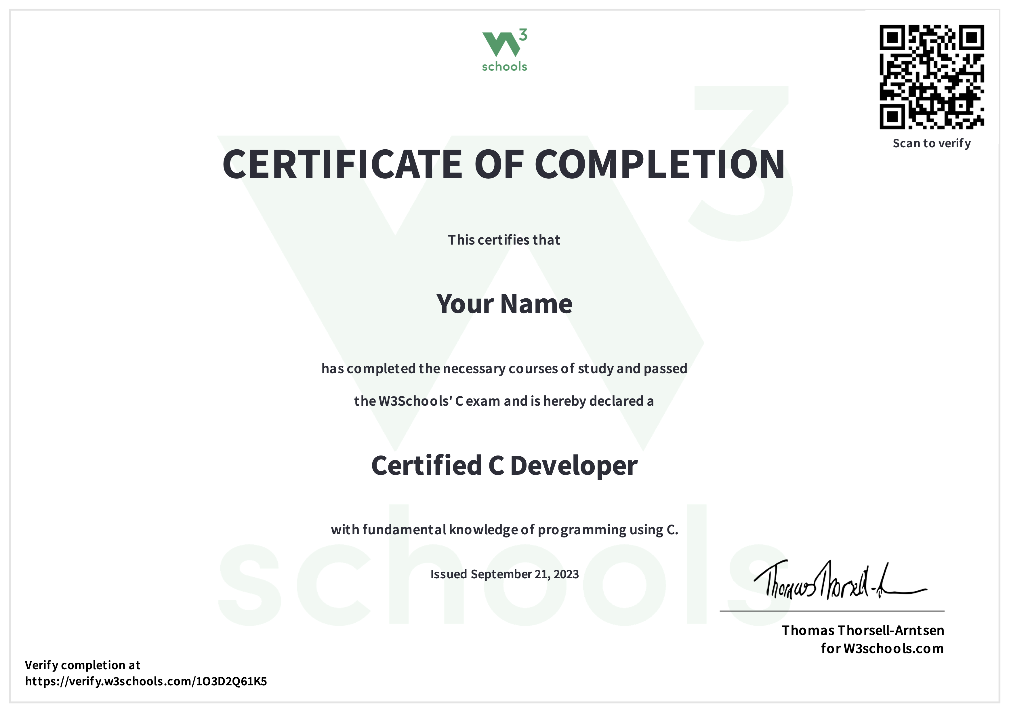 W3Schools C Certificate