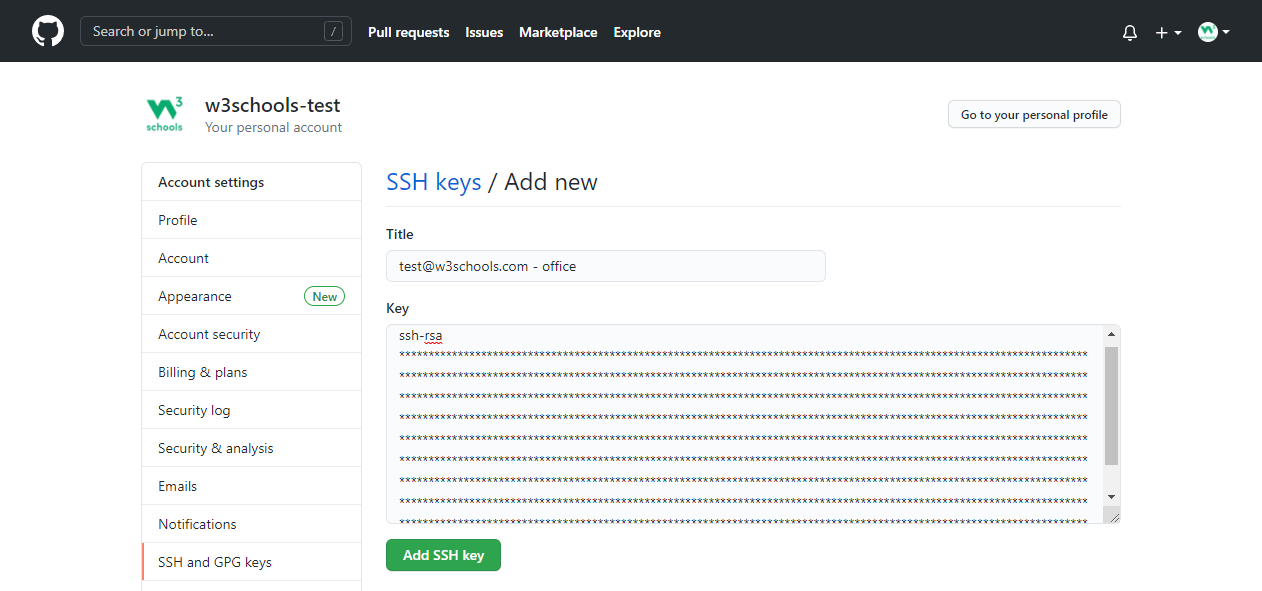 GitHub Profile Settings SSH Add Key