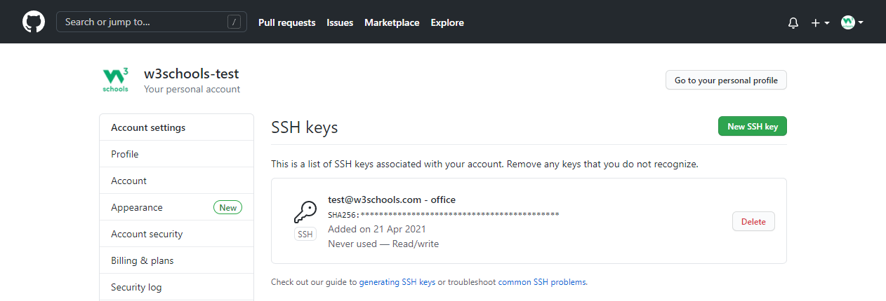 GitHub Profile Settings SSH Added Key