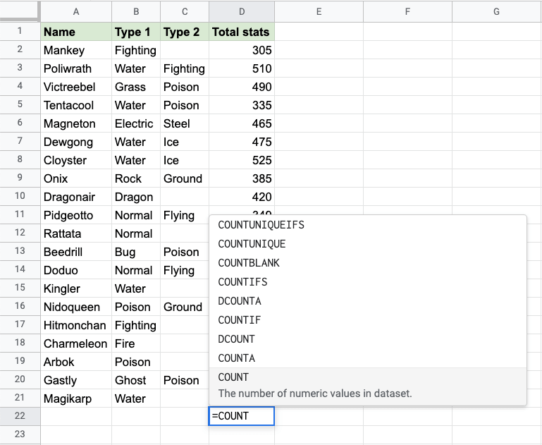 Google Sheets Count Function