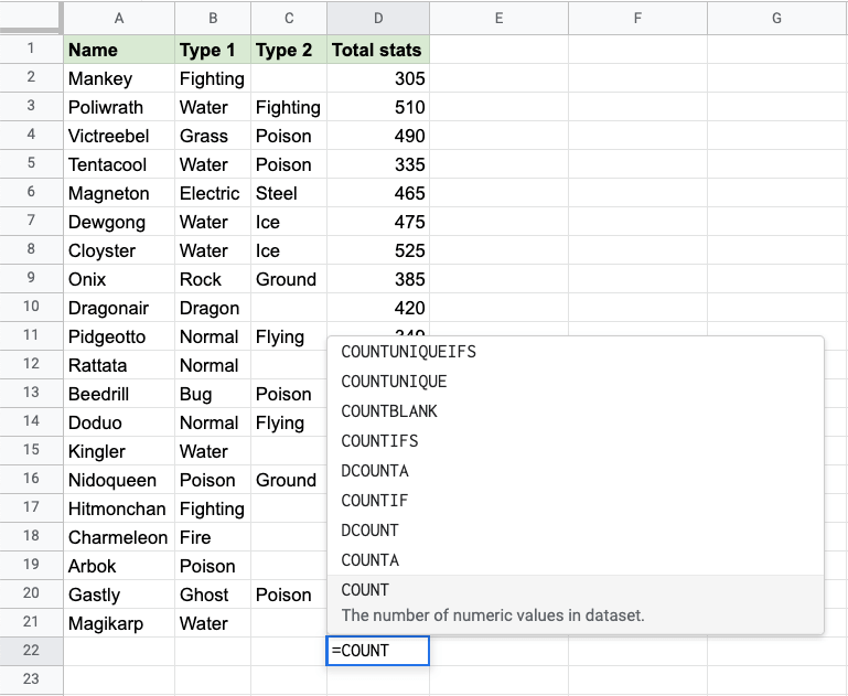 Google Sheets COUNT Function