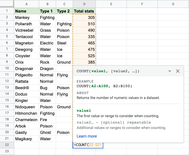 Google Sheets COUNT Function