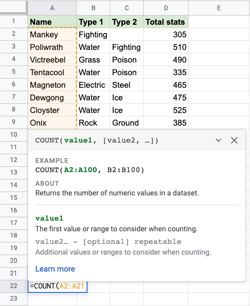 Google Sheets COUNT Function