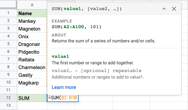 Google Sheets SUM Function