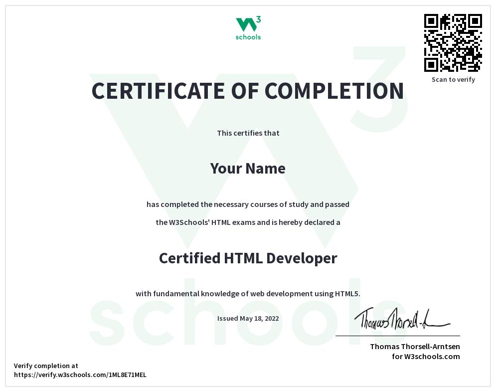 W3Schools HTML Certificate